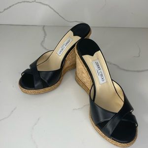 Jimmy Choo Black Leather Espadrille Wedge